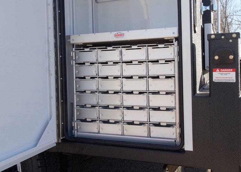 service truck tool storage ideas - custom bolt bin for service truck