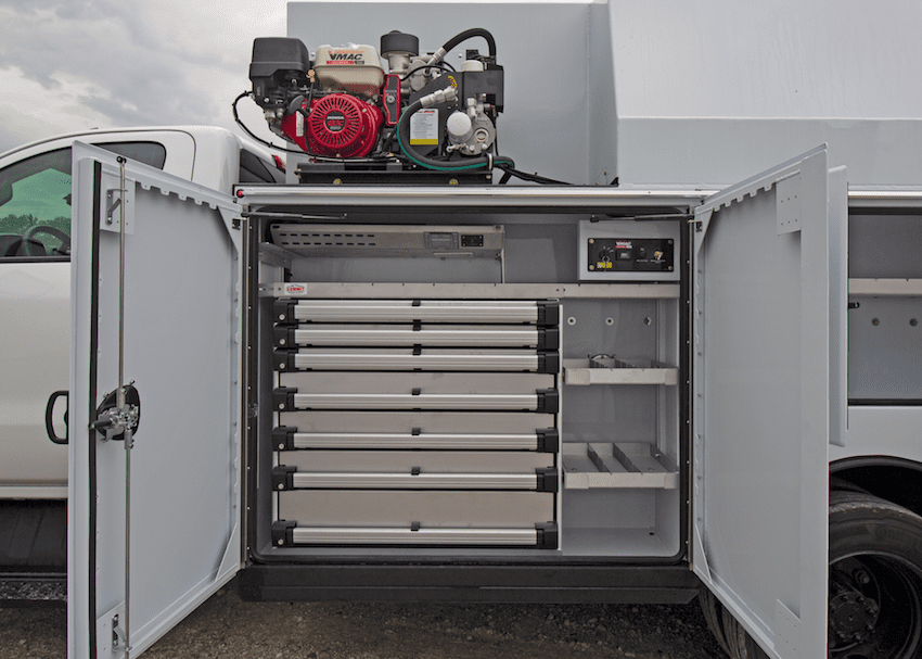 canopy truck body with air compressor and drawer pack