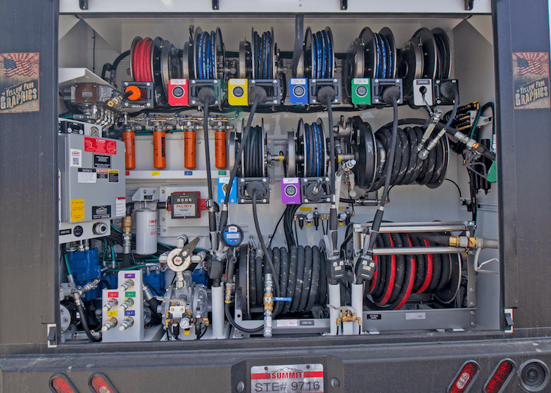 fuel and lube rear reel compartment - fuel service truck. Reel are and important parts lube equipment.