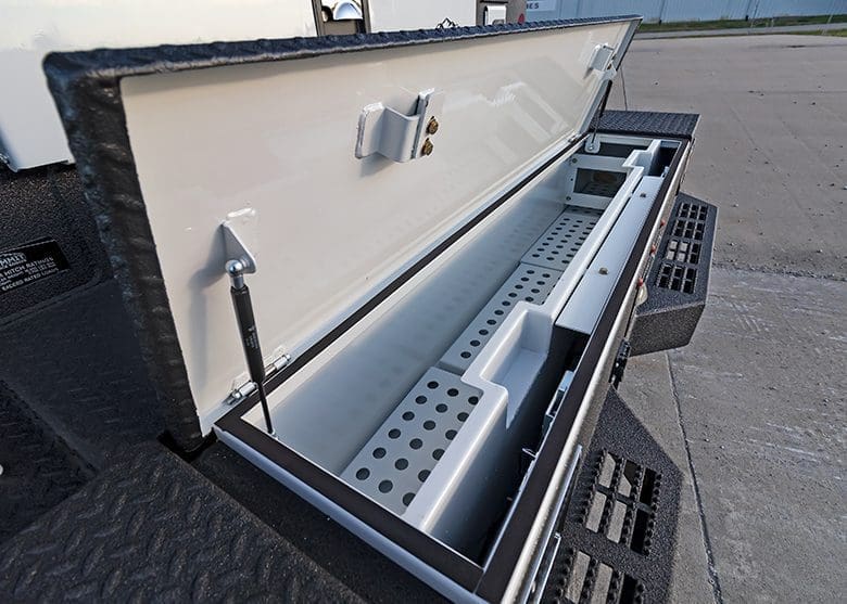 Mechanics truck bumper with built in used oil filter storage