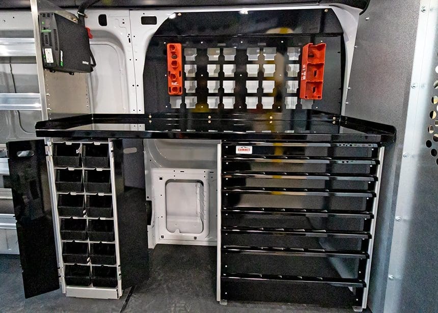 commercial van upfit work station with a drawer pack, bolt bin, and mounting rack for milwaukee packout